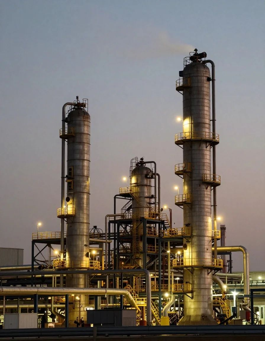 Refinería de petróleo con torres de destilación al atardecer