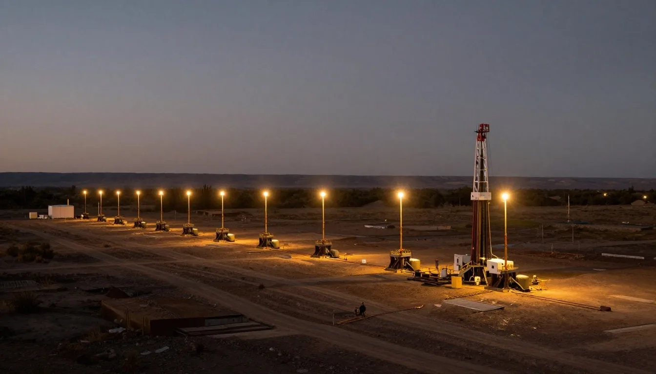 Pad de perforación en la formación Vaca Muerta al atardecer